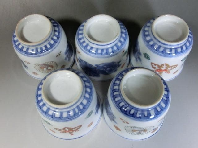 蕎麦猪口■伊万里 色絵 桐 鶴 菊 牡丹 5客セット 湯飲 骨董■