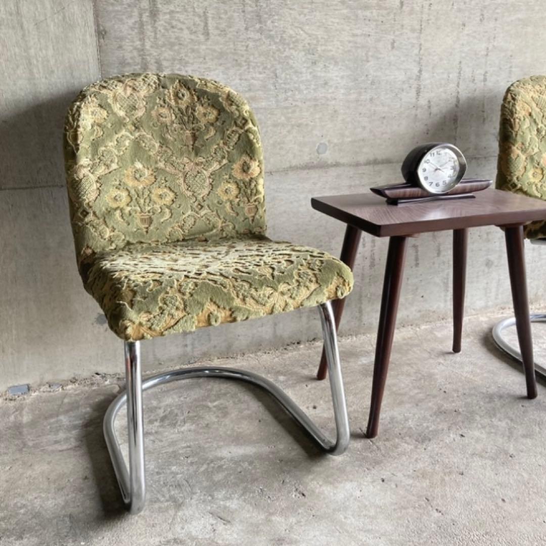 カンチレバー チェア 椅子 2脚 ビロード ジャガード 金華山 昭和 レトロ