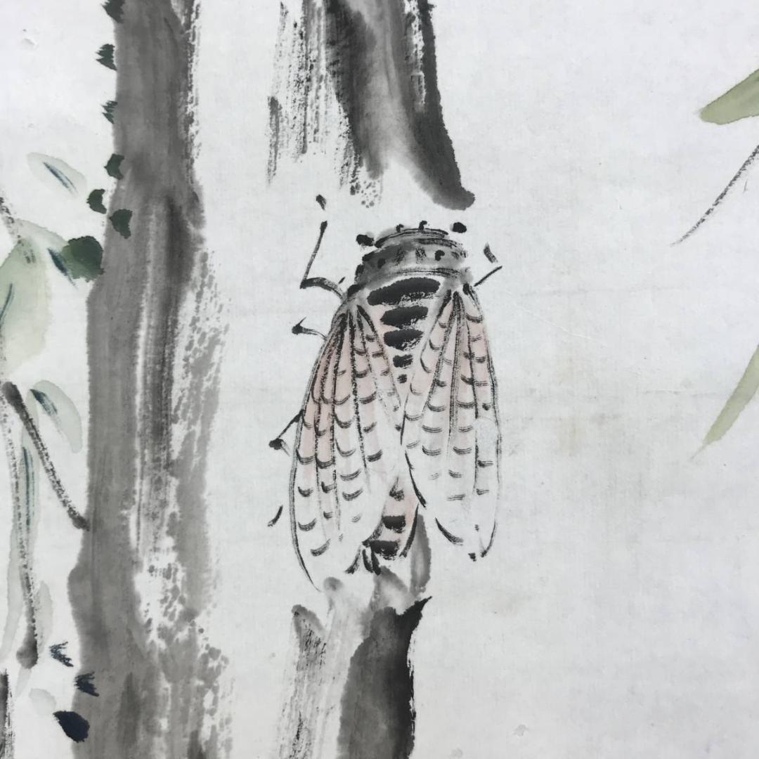 真作/田能村直雙/小竺/柳にセミ図/花鳥図/蝉図/掛軸/名家伝来/AE-240