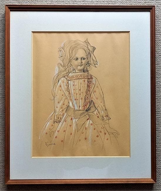 日本洋画壇の重鎮　芝田米三　フランス人形の絵　鉛筆とパステルによるデッサン画
