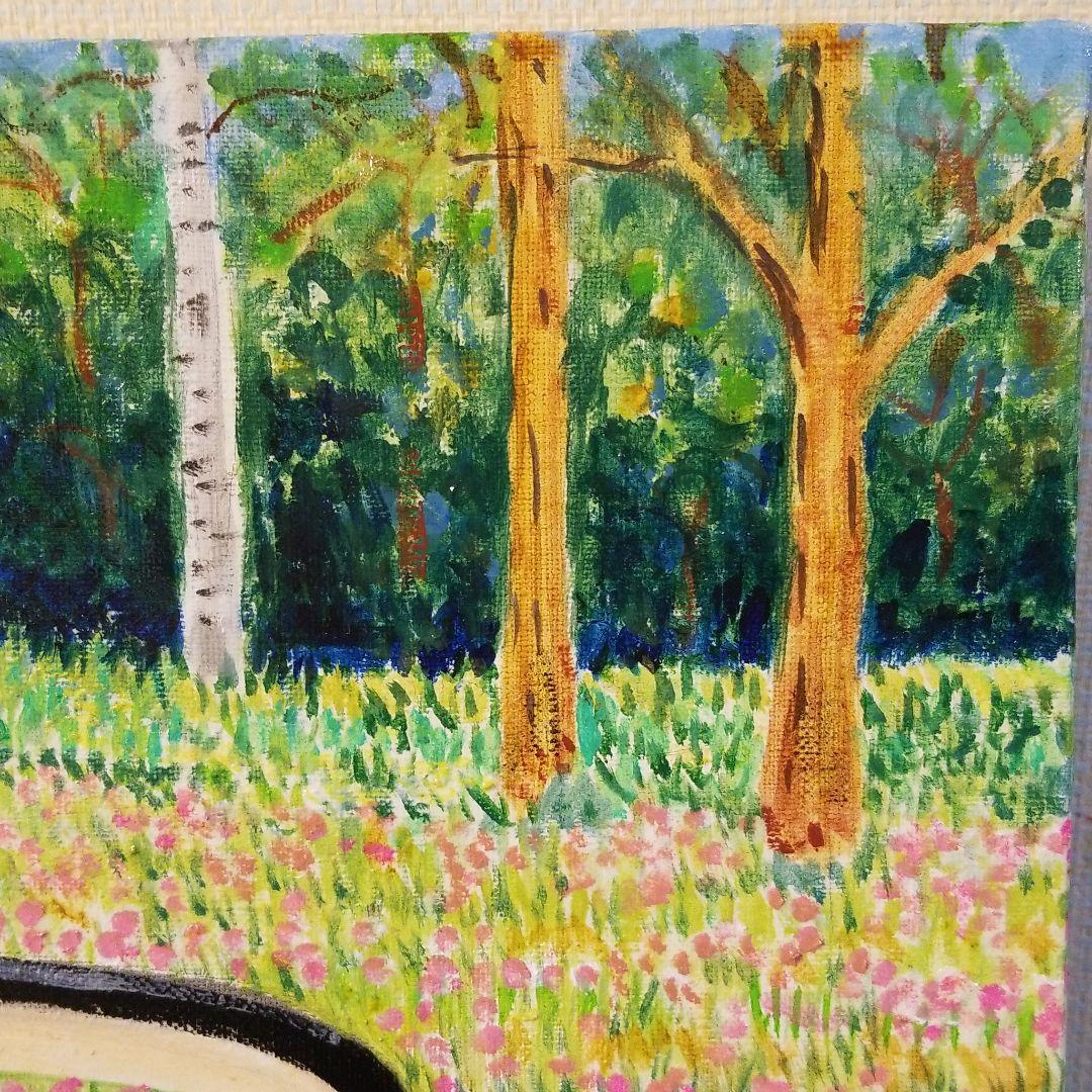 油絵 Yumiko ワーゲンに乗る犬の家族