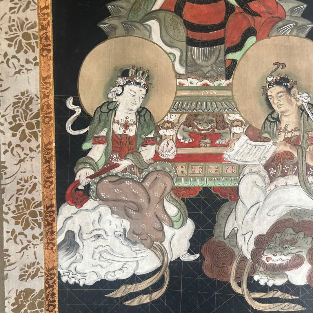 佛画　仏画　人物画　釈迦三尊　絹本　肉筆