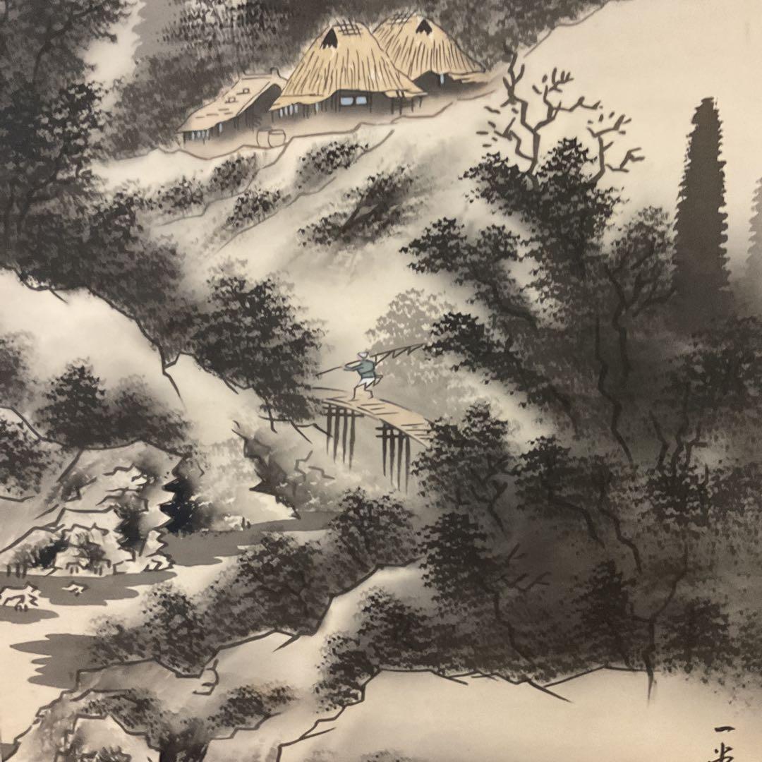 水墨山水画 絹本掛け軸 一堂筆【落款印譜在】 軸先木軸