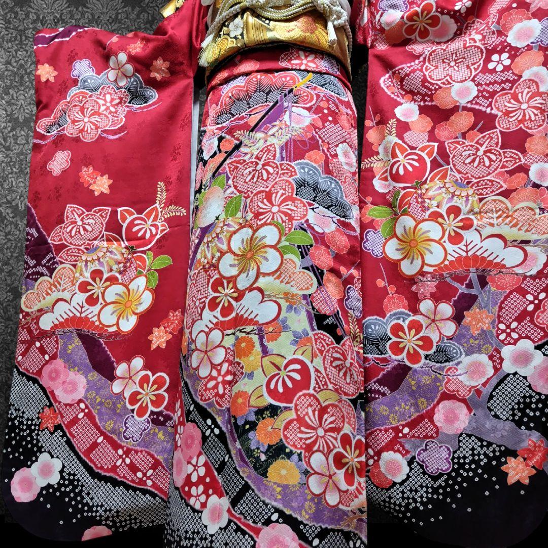 振袖フルセット(7点)・成人式・古典柄・金駒刺繍・金彩加工・鹿の子柄・正絹