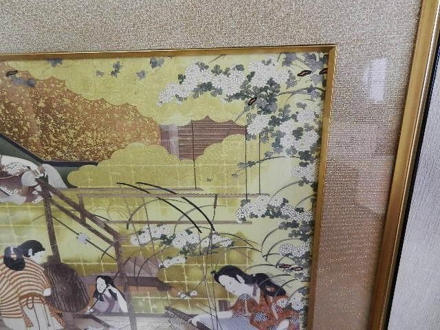 額装正絹染め江戸時代風俗絵「職人尽絵・機織図（しょくにんづくしえ・はたおりず）」