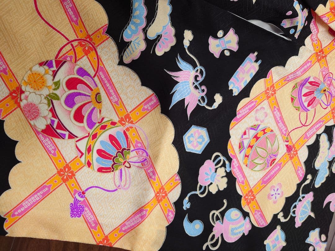 正絹　七五三　着物　長襦袢セット　黒　手毬　宝尽し