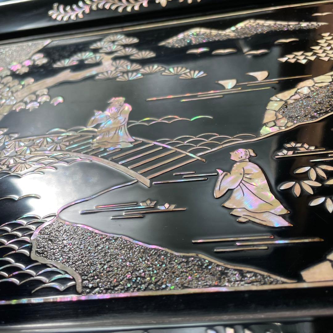 黒塗り盆 螺鈿 長方形 26㎝×35㎝ 漆器 盆 螺鈿細工 長方盆 木製 お盆