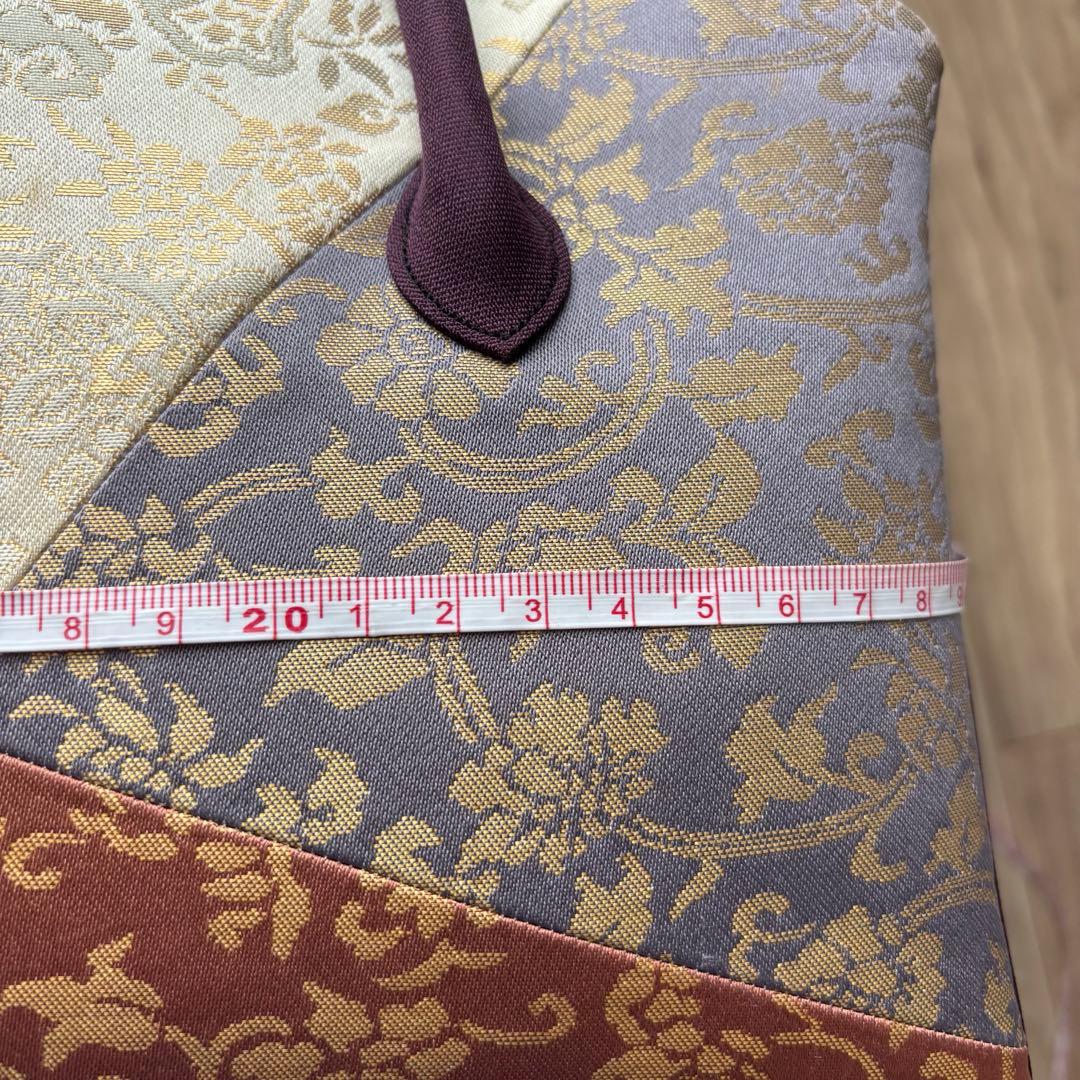 美品　利休バッグ　着物　訪問着　帯地　正絹　和装用バック　紫　　金　紫紺