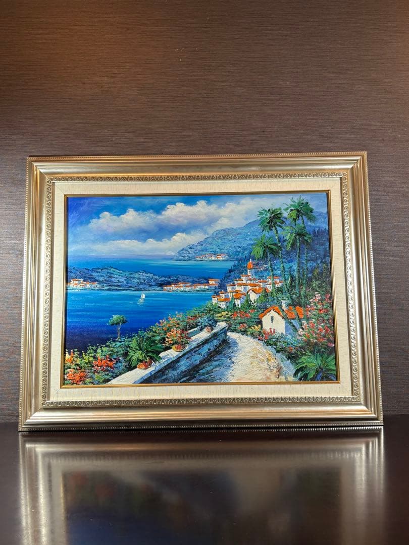 セルジュ・ルゴンによる「地中海への道」 風景画 油彩 海と町の風景