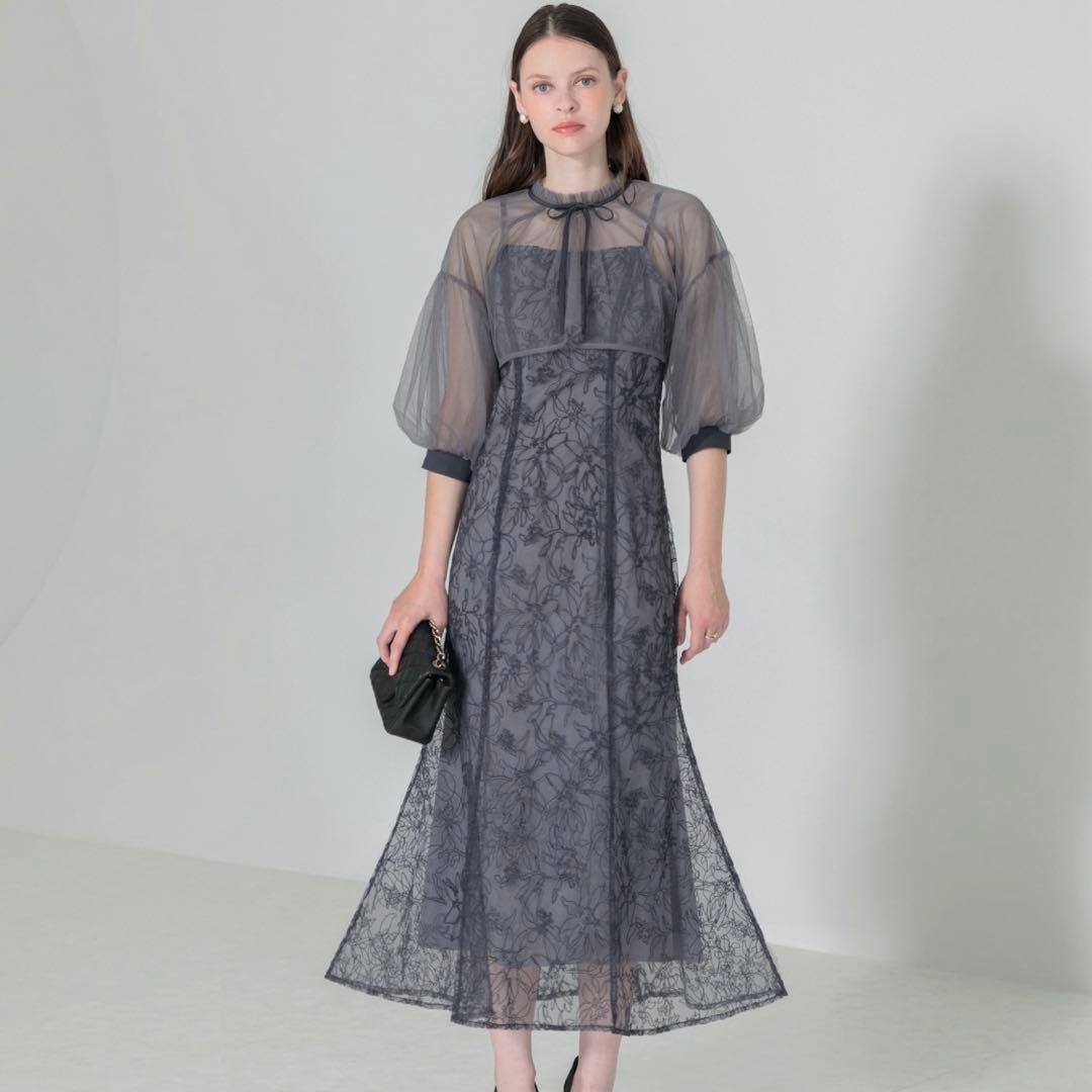 Leja マーメイドシルエットキャミワンピースリボン付きシアーパフスリーブ　S