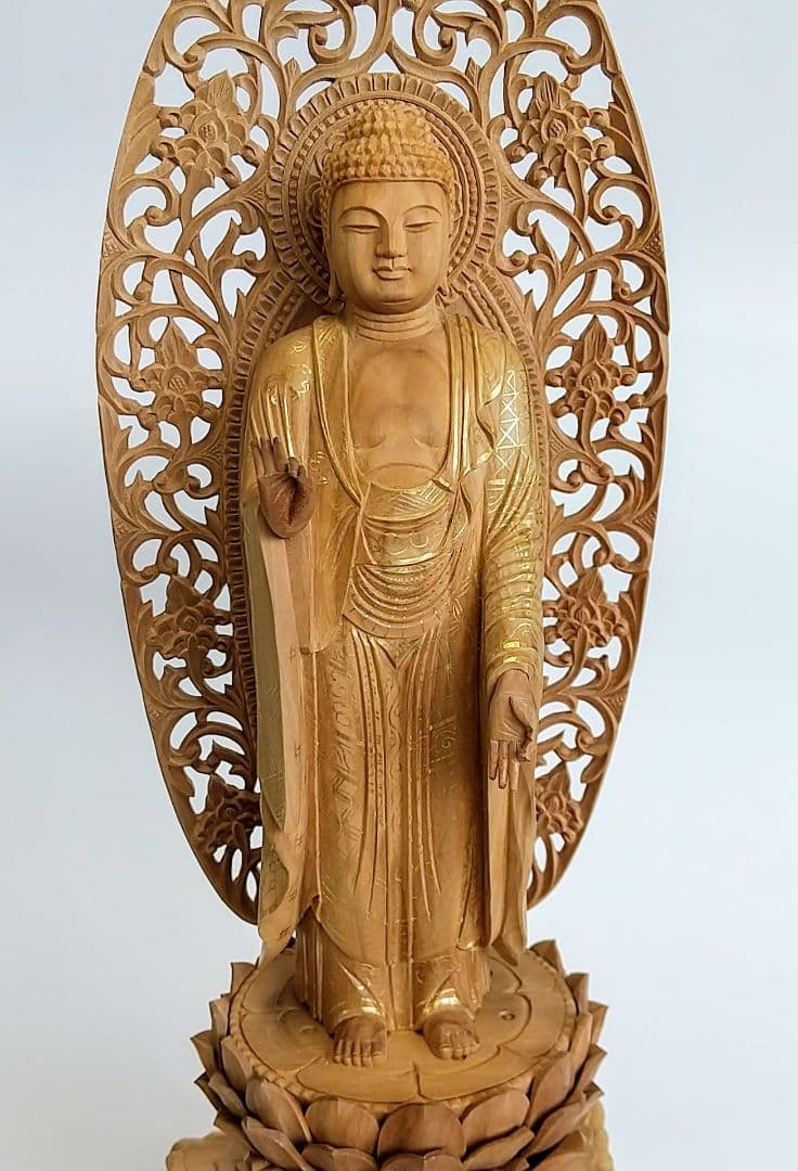 阿弥陀如来立像 5寸 #659+#557 円台座 宝相華唐草 ◆白檀 木彫 仏像