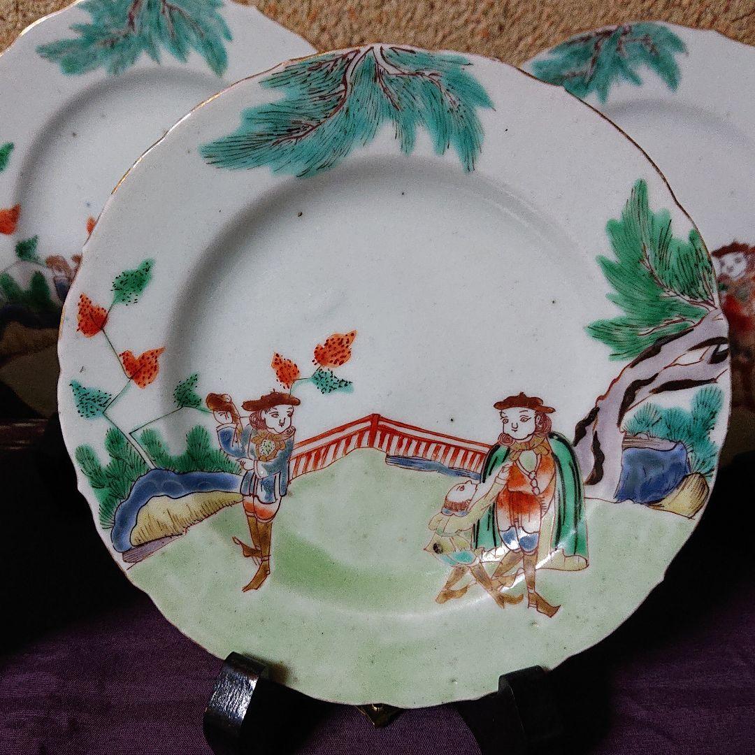 古伊万里 南蛮人と伝書鳩(鷹)図  輪花 菓子器 皿