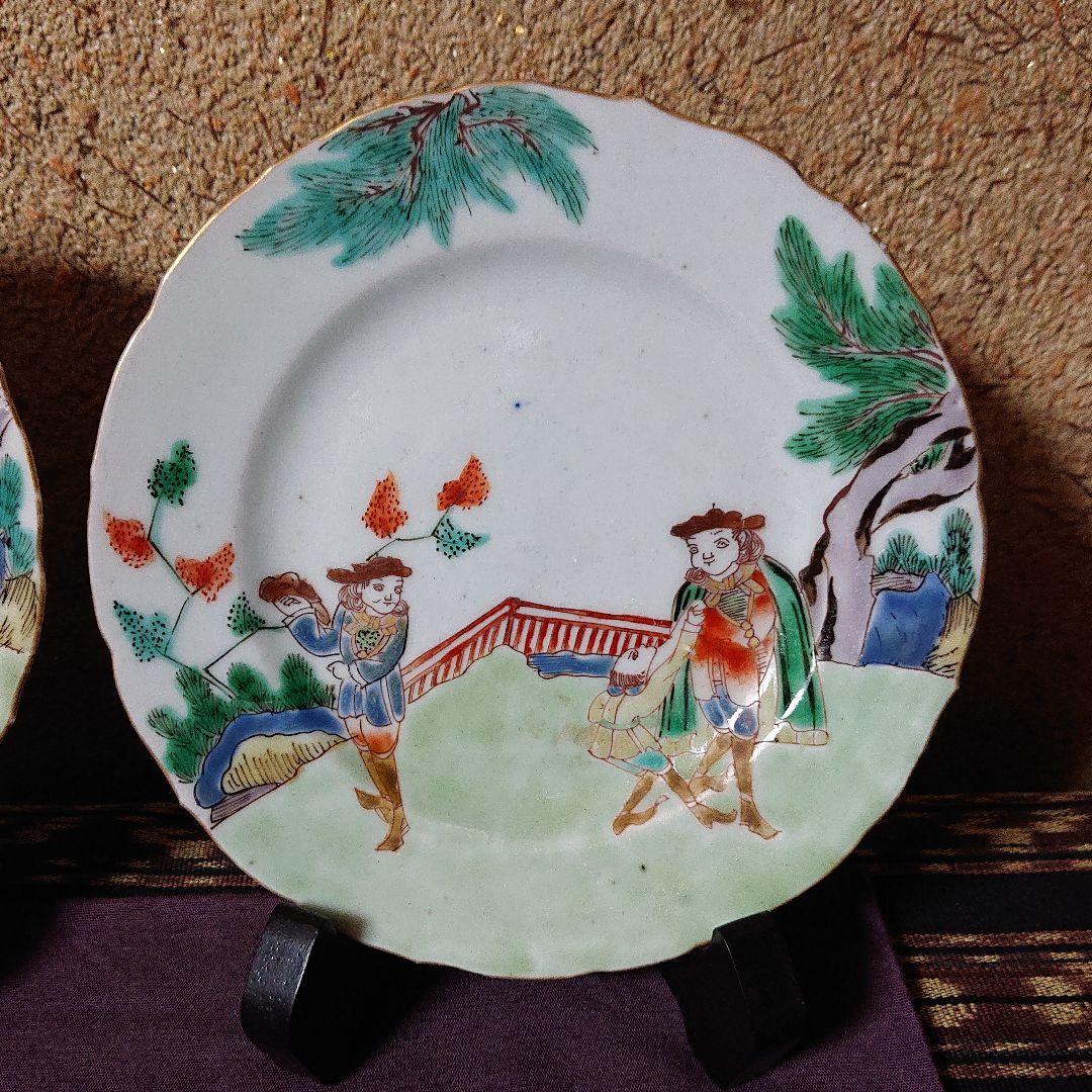 古伊万里 南蛮人と伝書鳩(鷹)図  輪花 菓子器 皿
