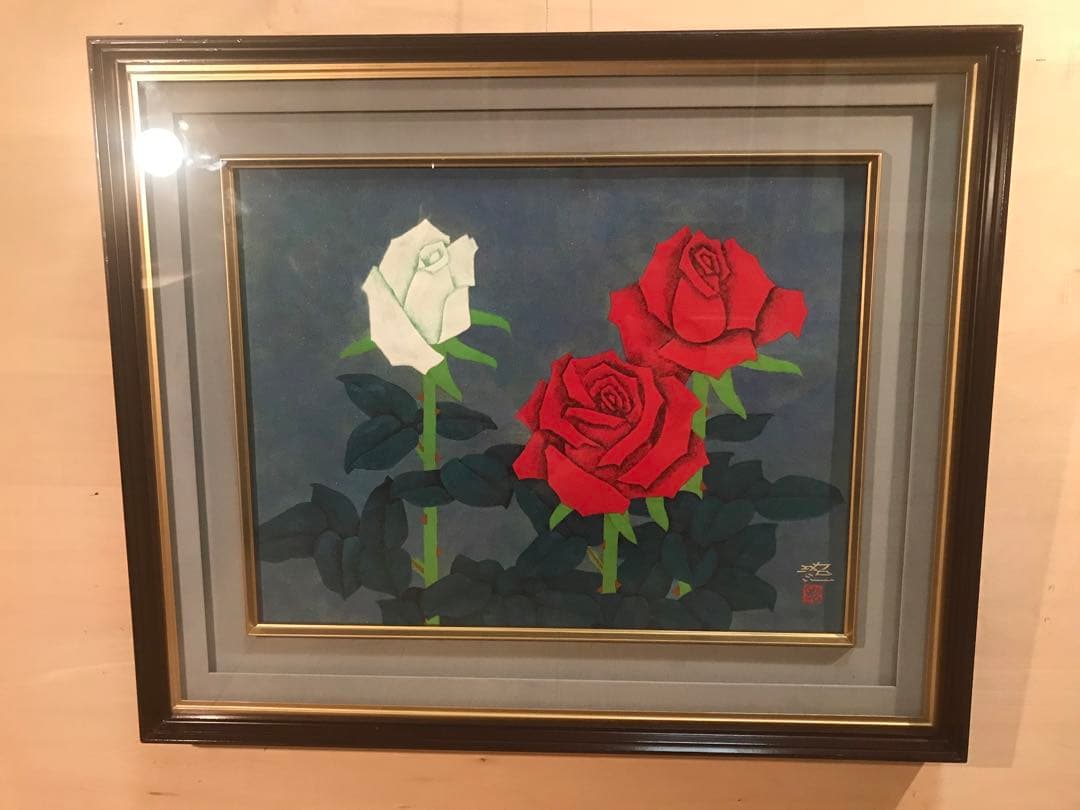 佐藤昭三　「紅白薔薇」　日本画１０号　直筆サイン・落款有り