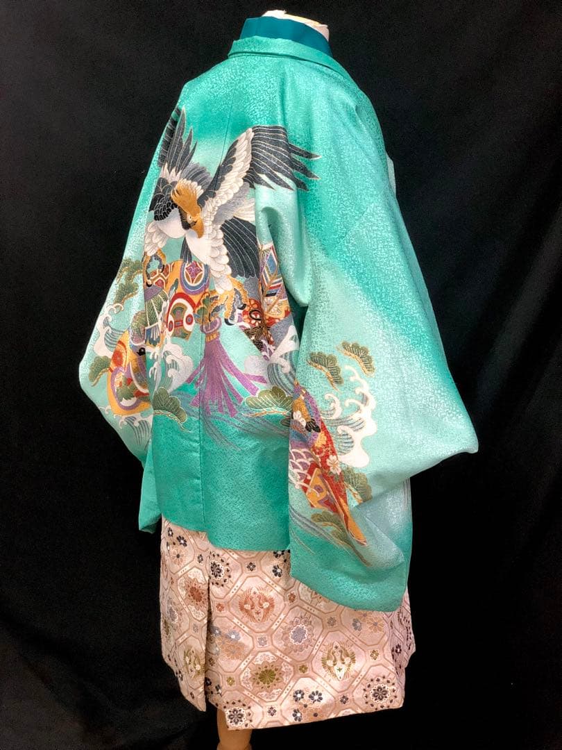 七五三 3歳　小柄　5歳　男の子　エメラルドグリーン　羽織　着物　袴　セット