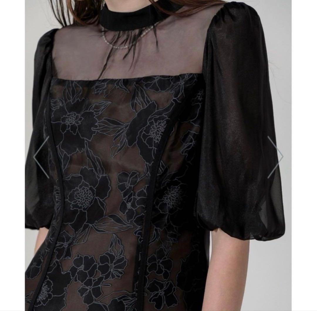 【LEJA】花柄オーガンジーレース　シアーパフスリーブ　ドレス　ブラック