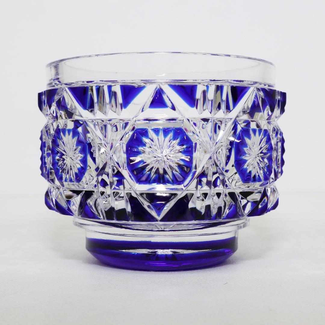 薩摩切子 猪口 八角 籠目文 青　酒器　ぐい呑み　グラス