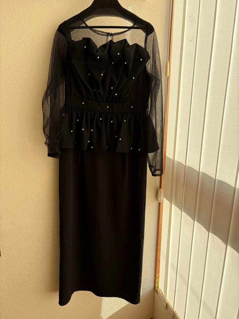 Et.UNiVER 黒 シースルー長袖 ペプラムドレス　M