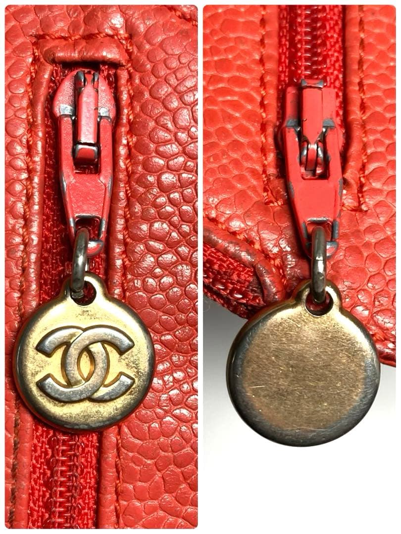 シャネル　キャビアスキン　ココマーク　ポーチ　ケース　カードケース　レッド