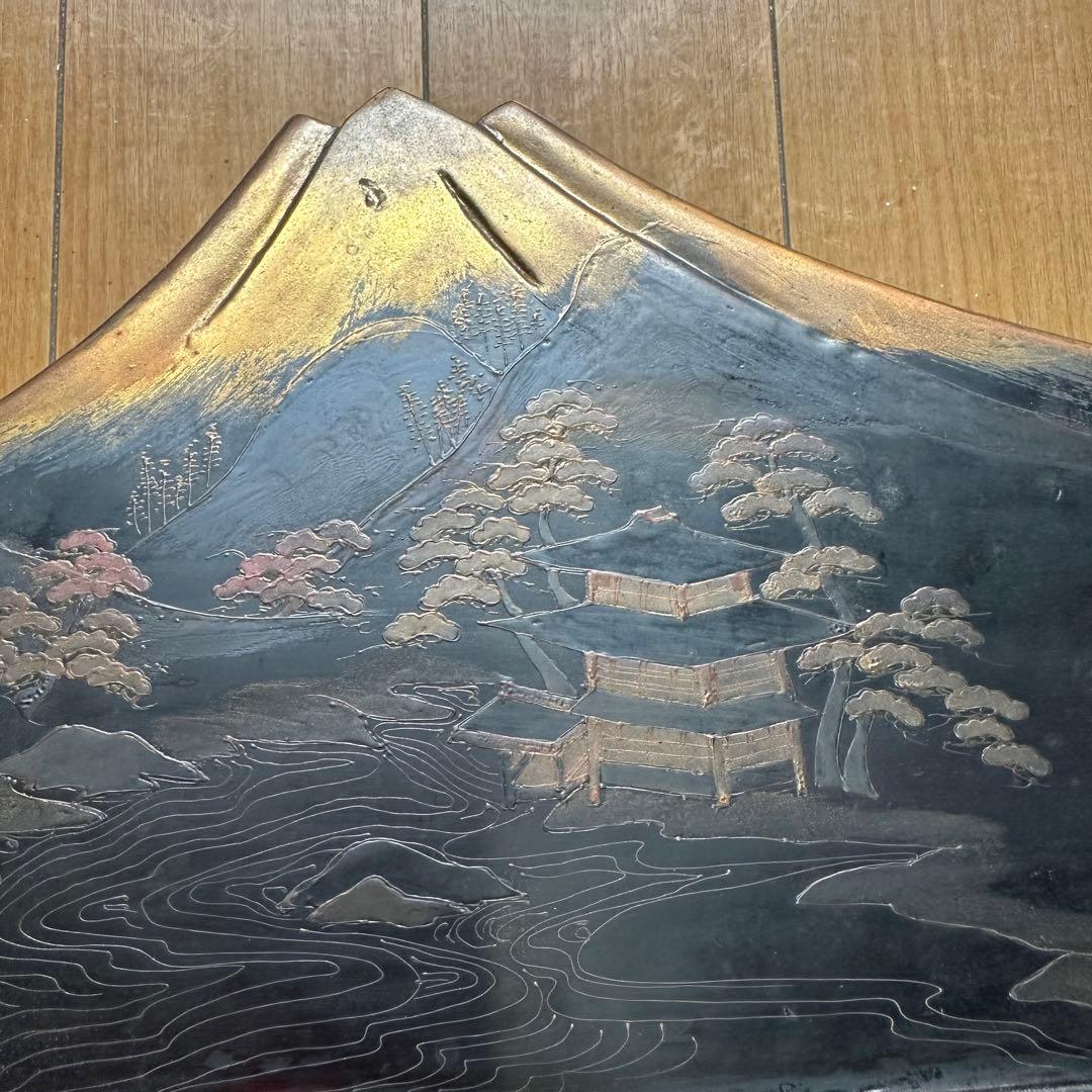 時代物 木製 螺鈿細工 富士山 刀掛け 3本掛 高さ約40.5cm 螺鈿細工