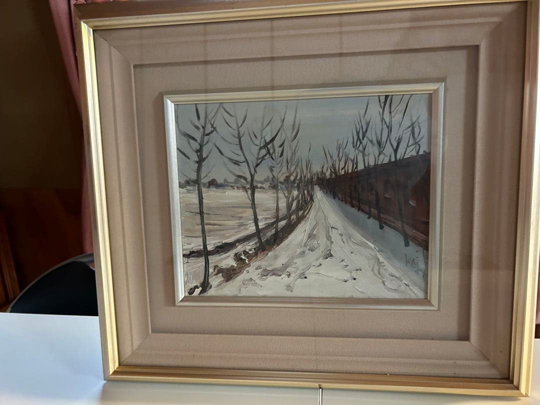 冬の風景 油彩画 金色額縁【尾崎菊信？】