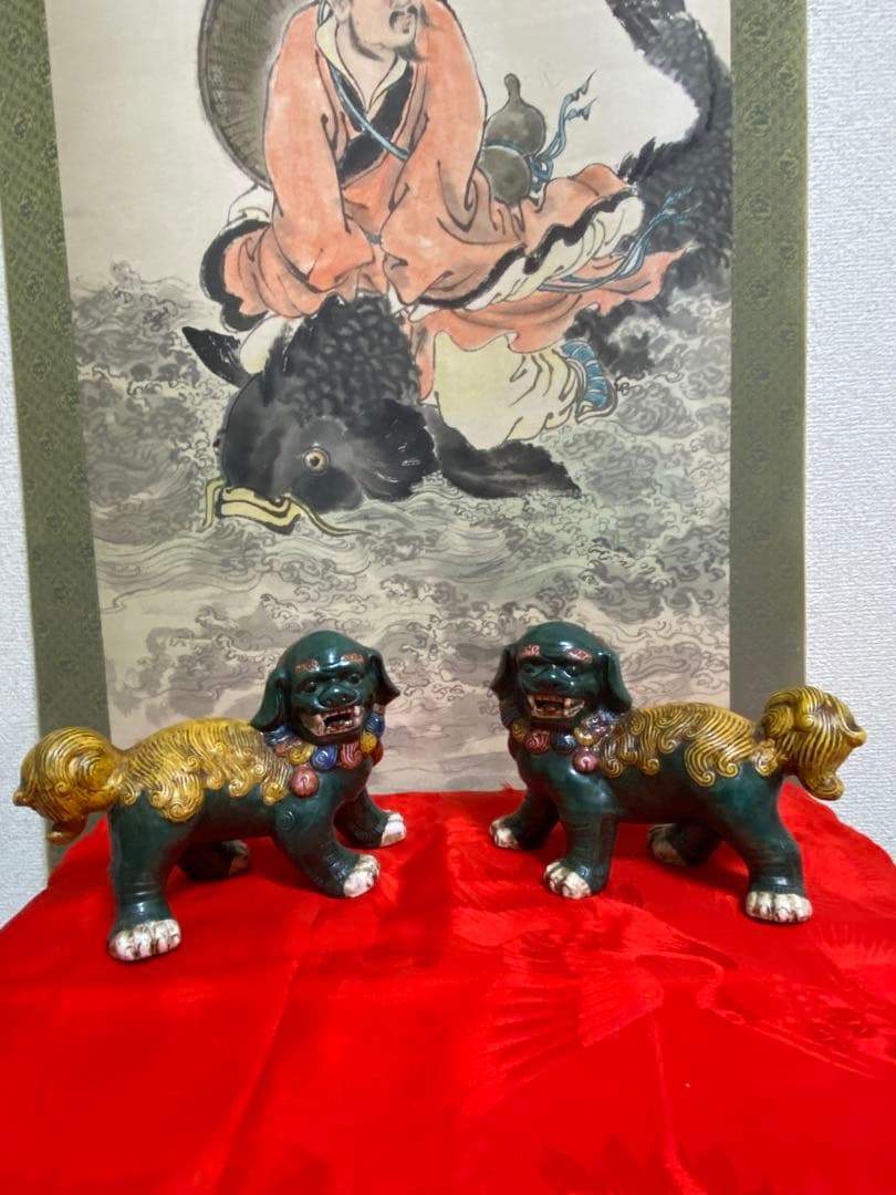 清朝　時代　獅子像 セット 多色 陶器製