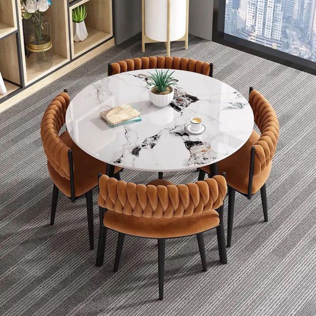 大理石調テーブル × 立体キルティングチェア 円形ダイニングセット