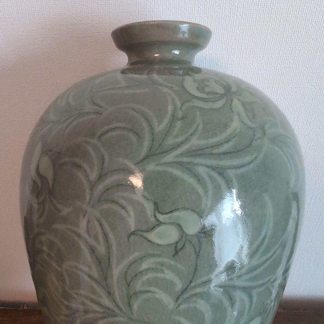 高麗青磁　白黒象嵌　朝鮮美術　梅瓶　骨董　陶芸　陶磁器　33.5cm高程