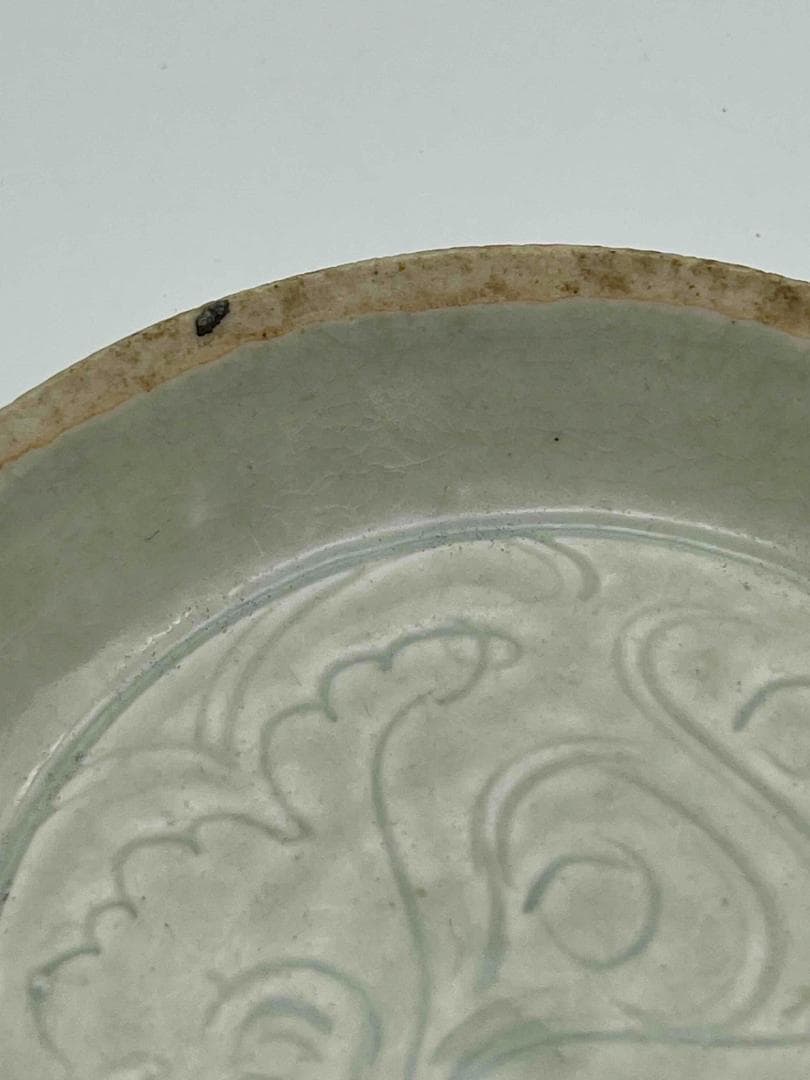 北宋時代 湖田窯 青磁刻花鳳尾花文房洗 覆燒 覆輪口 影青 古皿唐物(F-90)