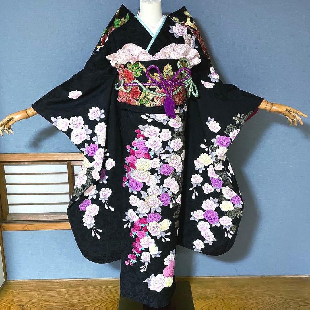 振袖フルセット　手描き友禅　紋意匠　成人式振袖　振袖　裄丈69 ほっそり華やか