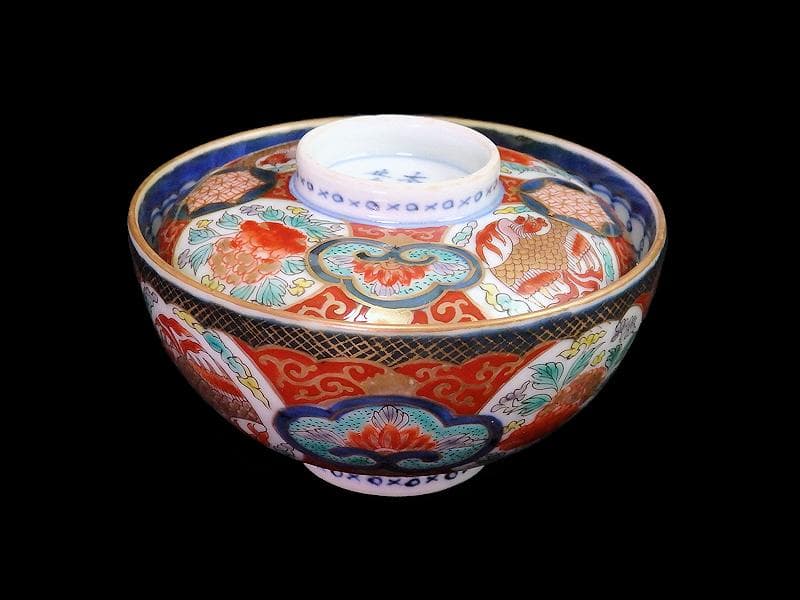 古伊万里　金襴手　鳳凰に牡丹の図　蓋茶碗　C002AS-fbrf