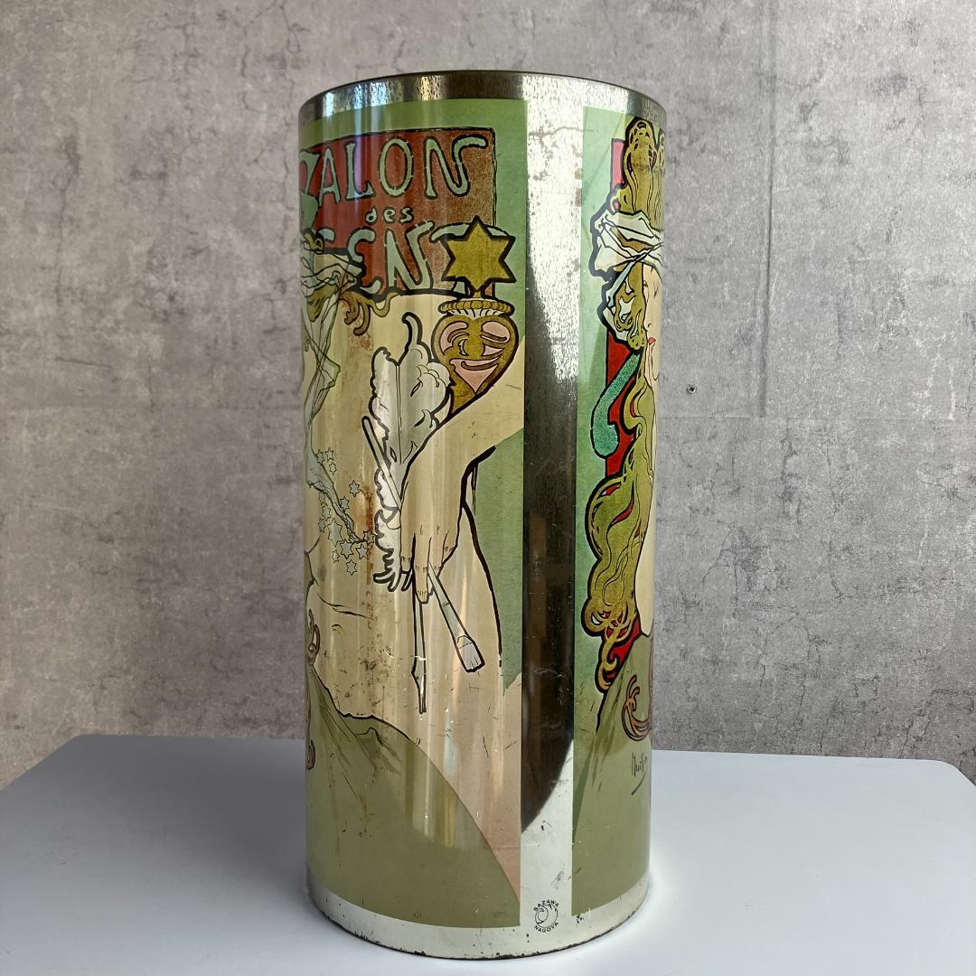 アンティーク　ミュシャ　サロンデサン　ゴミ箱　缶　昭和レトロ　傘立て　アイアン