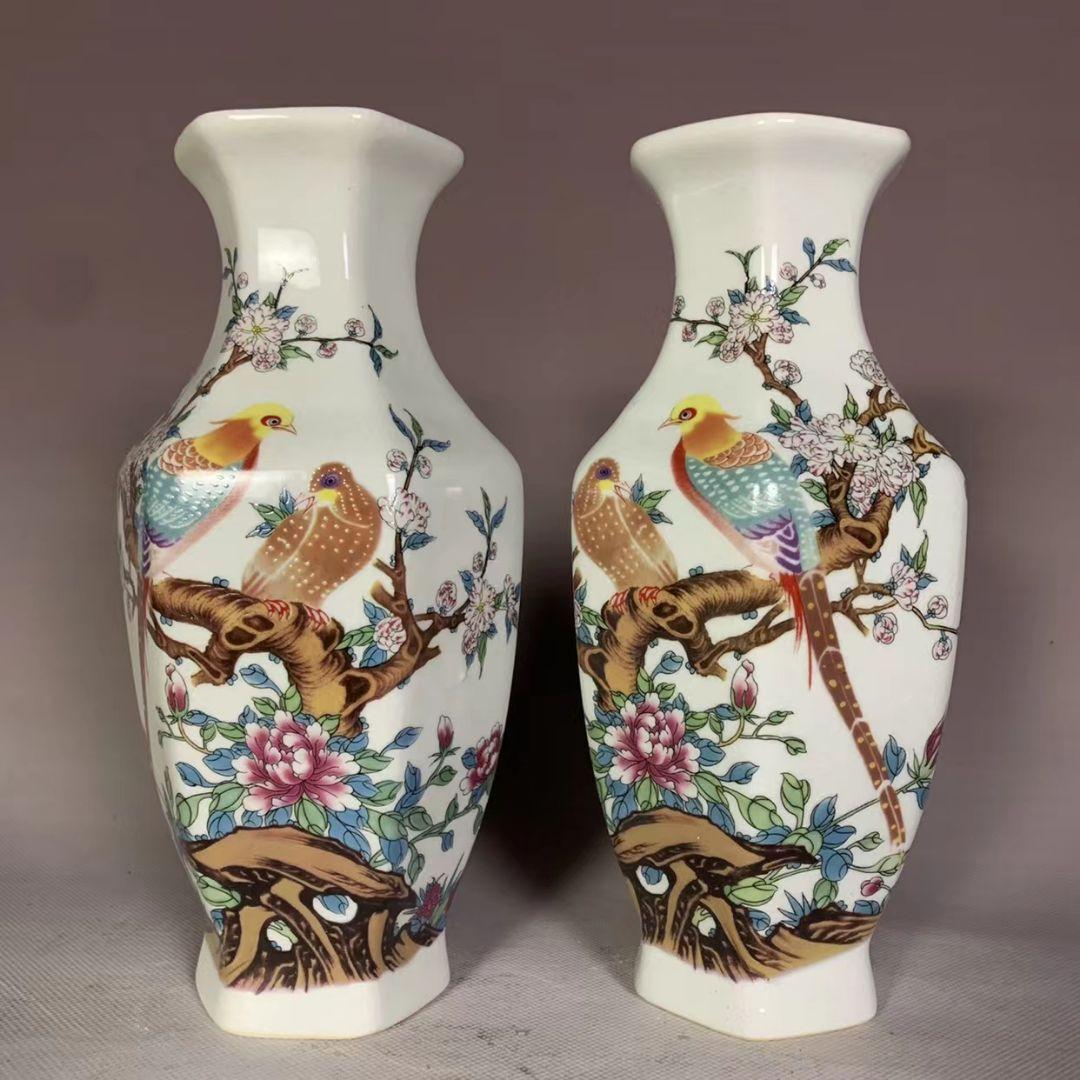 レトロなー陶磁器 ピンクの富貴な花鳥の六角花瓶 アクセサリー 置物 磁器