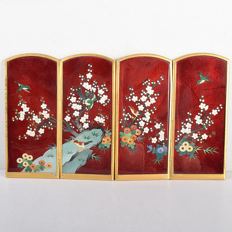 中国　古七宝琺瑯彩　花鳥文　卓上屏風　硯屏　M　R8490