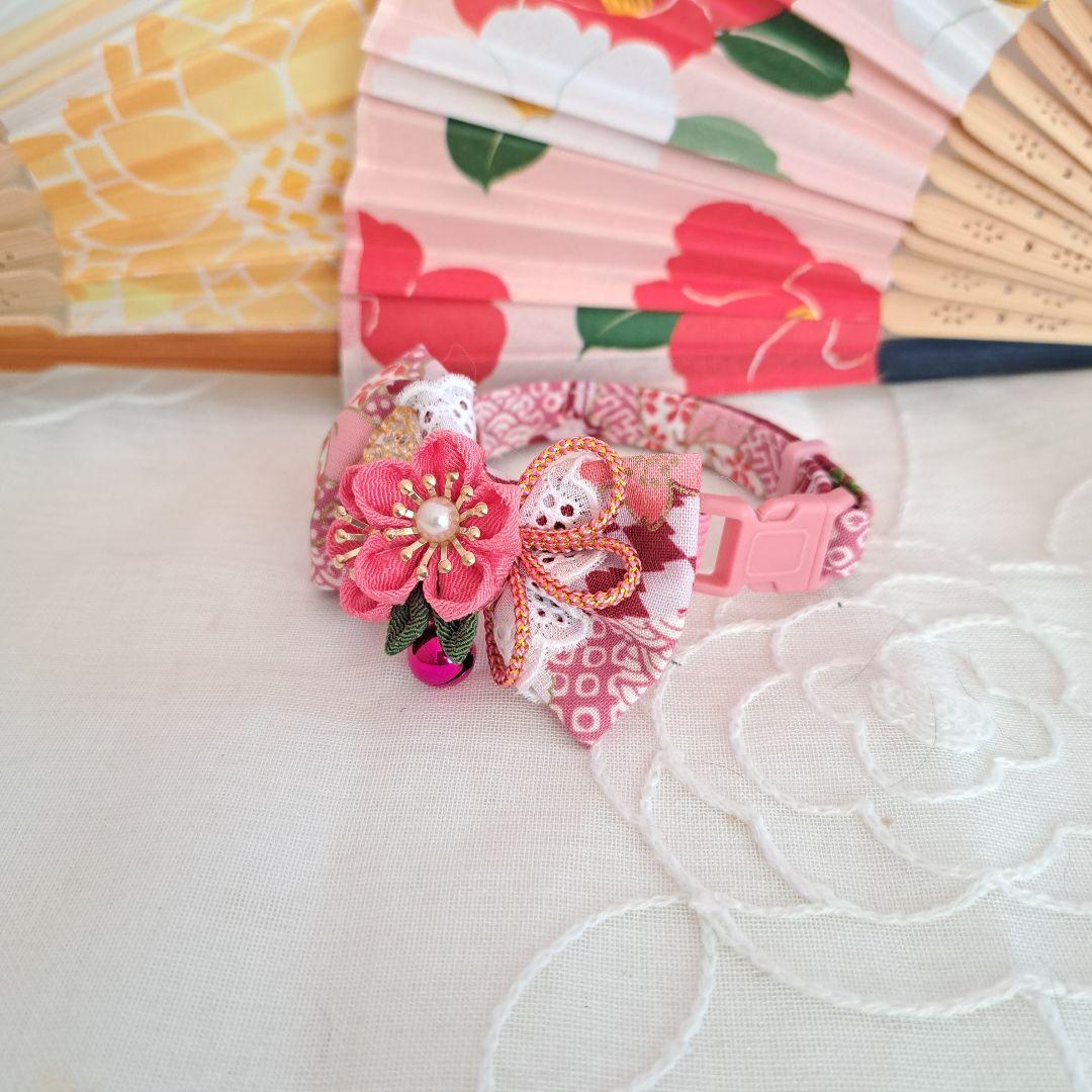 つまみ細工シングルリボン(えんじ)わんちゃん猫ちゃん用首輪