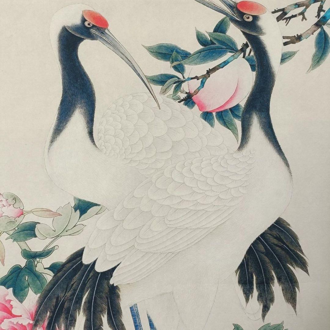 【鑑定書付】齊白石「賀寿図」中堂掛軸 防偽標識付 宣紙装裱済 70×173cm