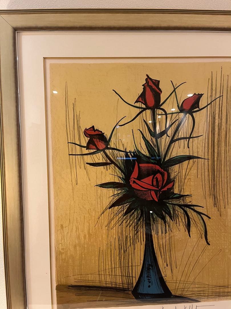 希少 ベルナール・ビュッフェ 赤いバラ サイン有