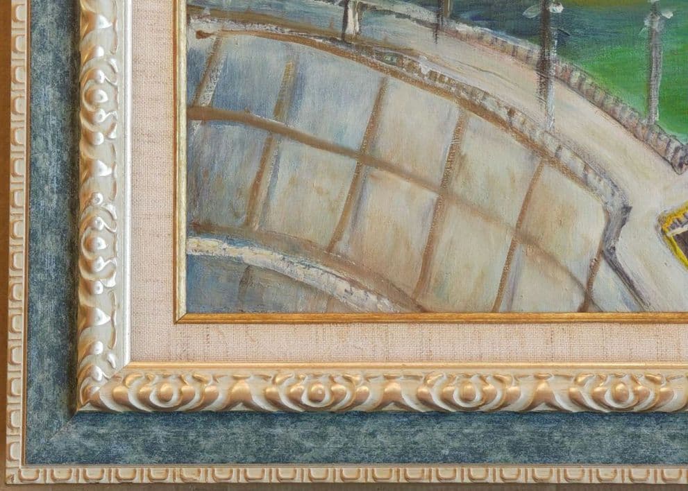 【送料込】F30号 大型 油彩額縁 アクリル板 風景画付 空色と銀系 107cm