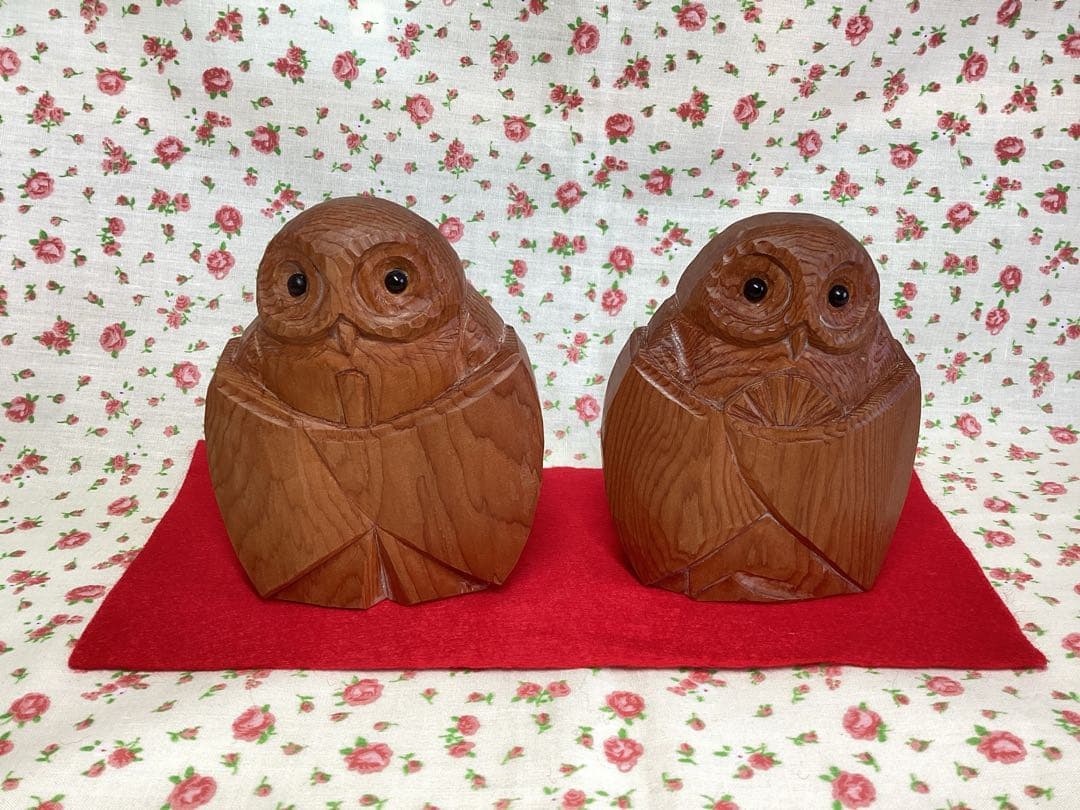 【未使用】フクロウ　木彫り　置物　一刀彫　イチイ　木製　雛人形　ふくろう　日本製