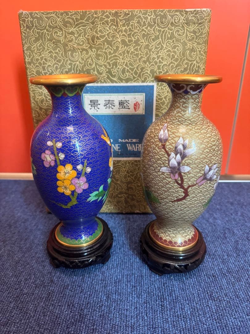 1571  景泰藍　花瓶2客　花台2客付き　骨董　時代物