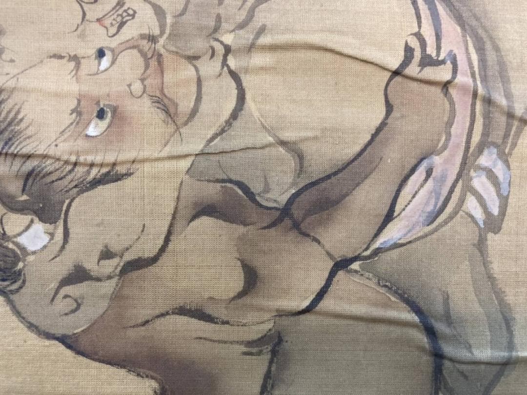 相撲／河鍋暁斎 (歌川国芳・狩野洞白師事) 掛軸 絹本：幕末 浮世絵師