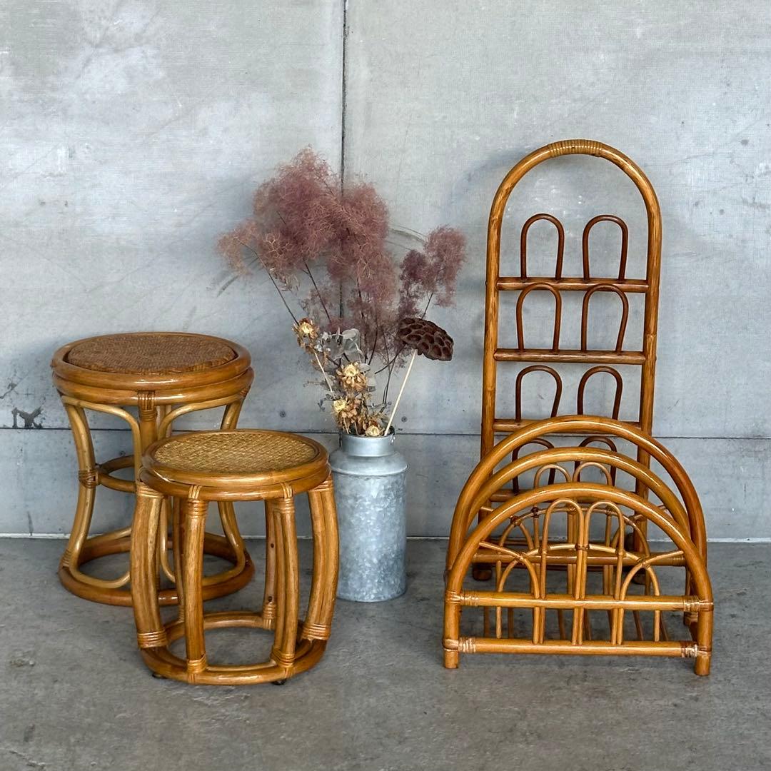 ꧁オールドラタン꧂昭和レトロ✧ラタン家具4点セット スツール＆ラック