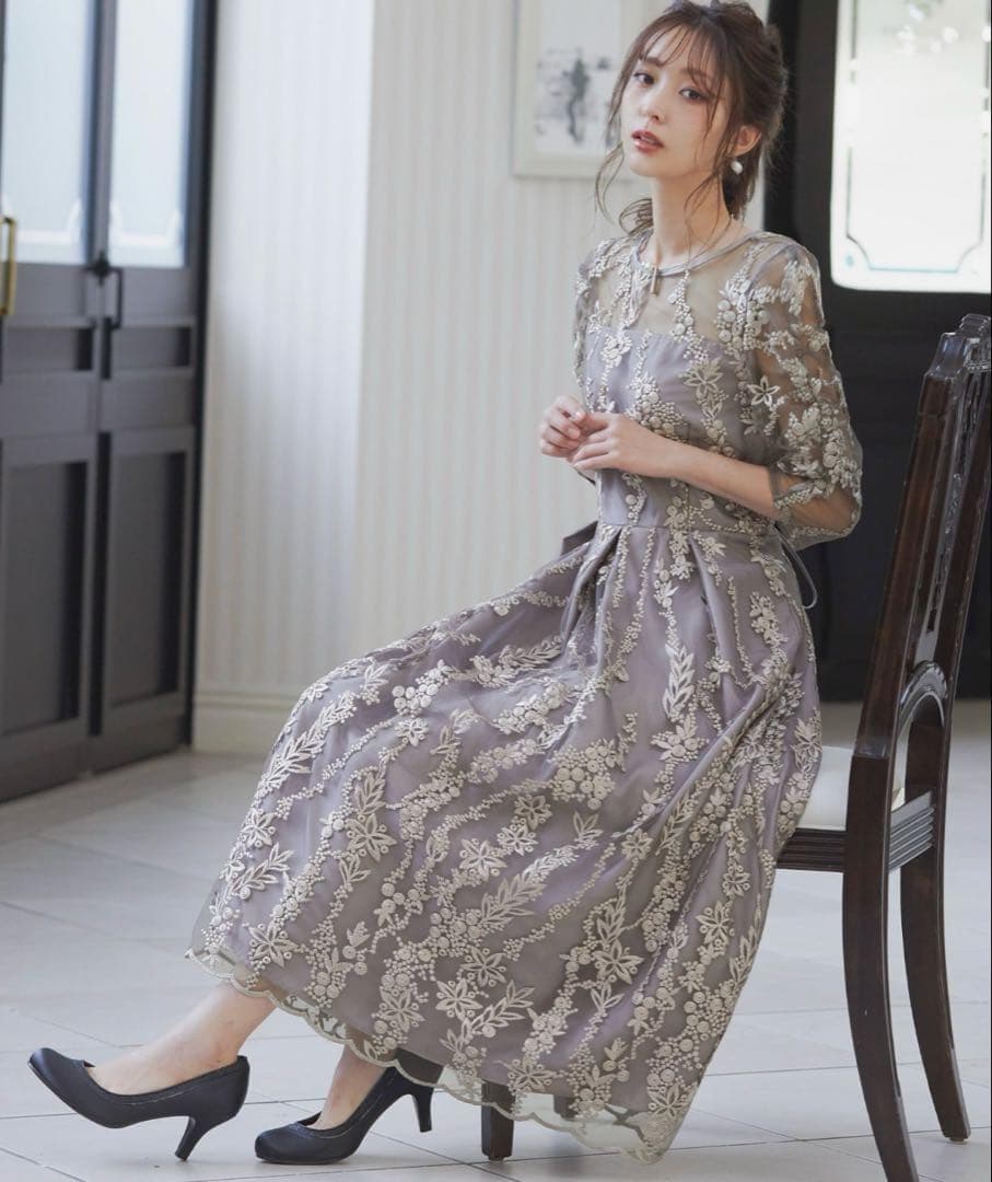 niana　ニアナ 刺繍レース バックリボン ワンピース ドレス　LL