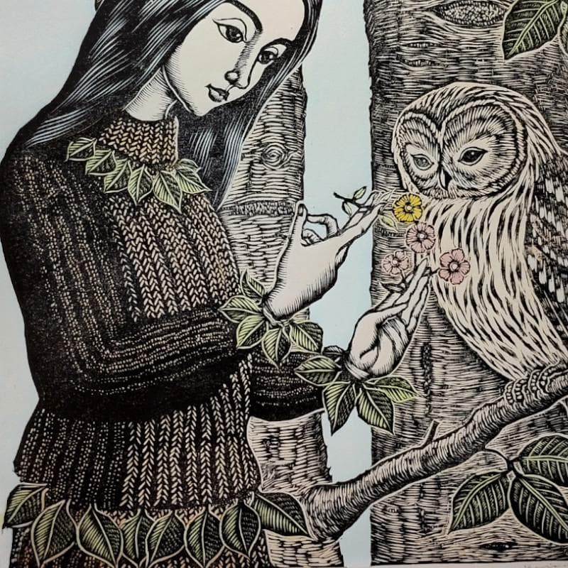 ☆手島圭三郎☆「ふくろうと少女、花」木版画　全紙サイズ　未使用額！