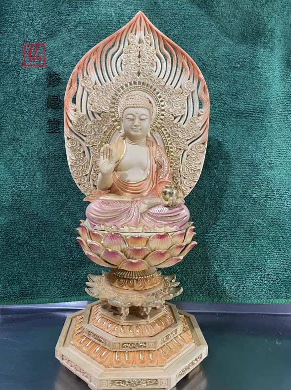 【修縁堂】彩繪 瑠璃光薬師仏 仏師手工精彫り 木彫仏像 極上品 仏教工芸品