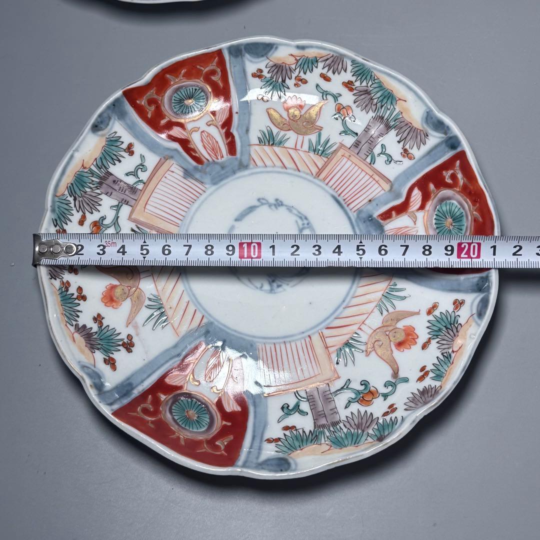 古伊万里　色絵花鳥図輪花形七寸皿　5枚　松竹梅　裏巻物文様　金蘭手　赤絵　江戸期