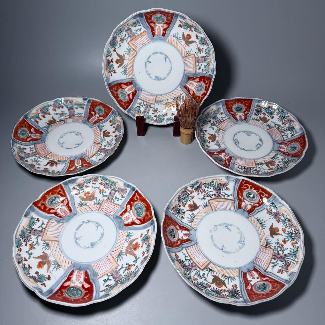 古伊万里　色絵花鳥図輪花形七寸皿　5枚　松竹梅　裏巻物文様　金蘭手　赤絵　江戸期