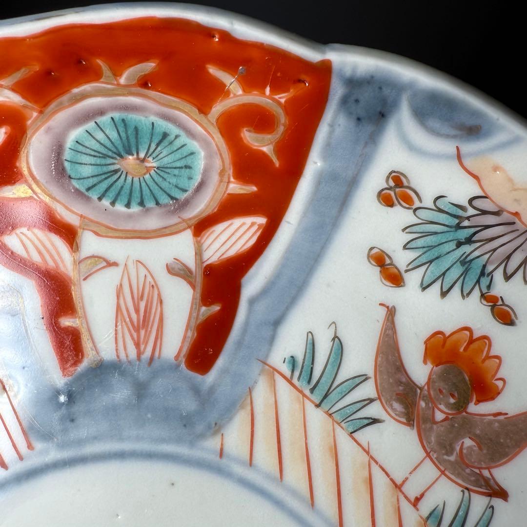 古伊万里　色絵花鳥図輪花形七寸皿　5枚　松竹梅　裏巻物文様　金蘭手　赤絵　江戸期