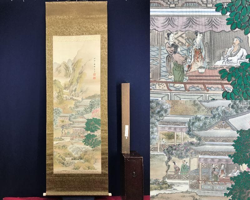 真作/鈴木百年/山水図/楼閣山水図/宮中図/掛軸☆宝船☆AH-693