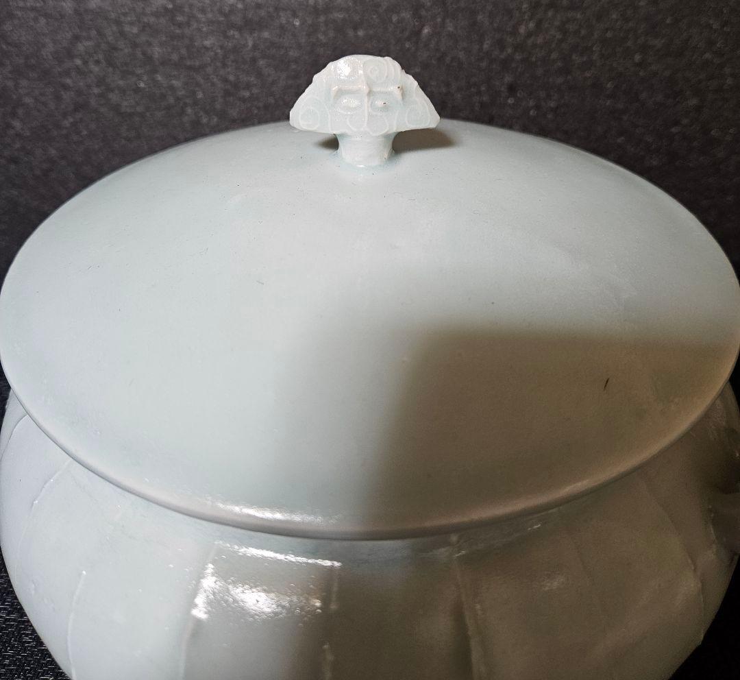 京焼　清水焼　名工 吉川充 造　青白磁　有蓋獣足鉢　香器香炉　お櫃　高島屋出品作